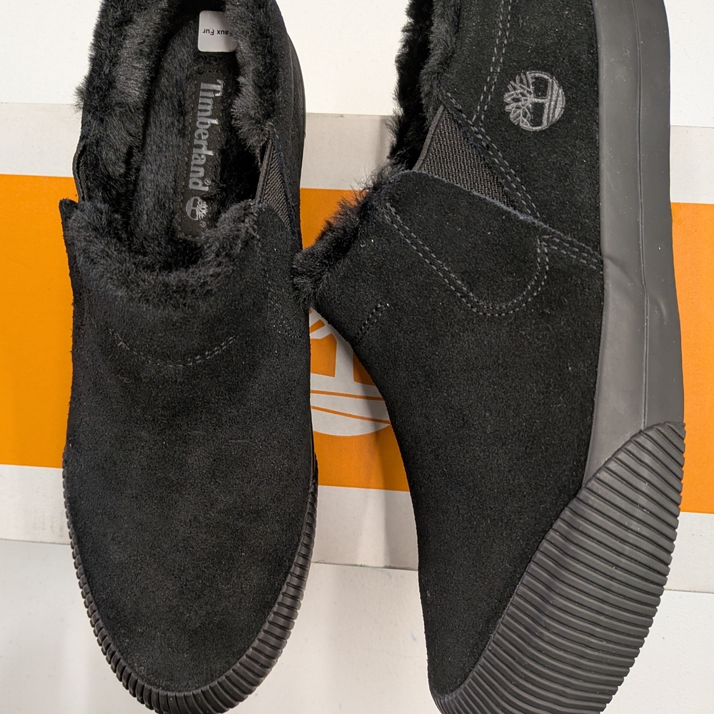 Timberland Black Suede Slip-On Loafers with Faux Fur Lining